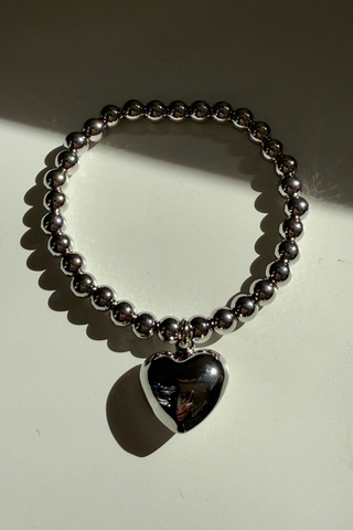 Silver Beaded Bracelet w/ Large Heart Charm