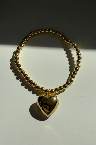 Gold Beaded Bracelet w/ Large Heart Charm